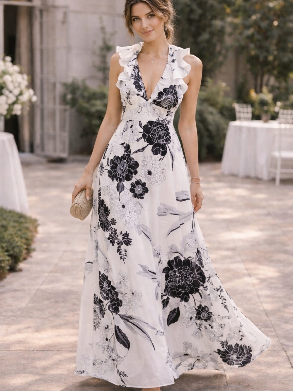 POMARE Satin Floral Balck White Halter Maxi Dress  Ruffle Romantic Wedding Guest